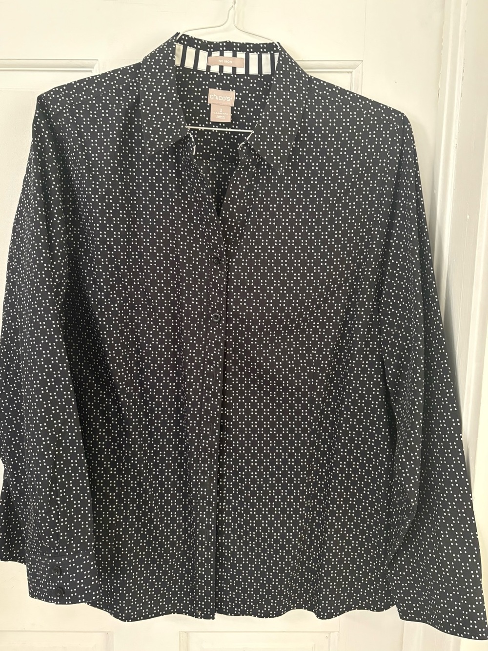 Chico's Black Top with White Dot and Stripe Accents